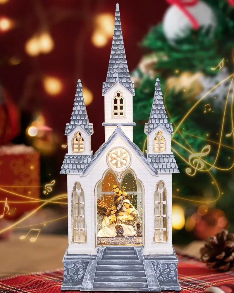 Christmas Church Nativity Snow Globe Light up Snowglobe with Music, 9.84" White Christmas Snow Globes for Kids Adults, 6H Timer & Dual Power, Angle Snowglobes Christmas Decorations Indoor
