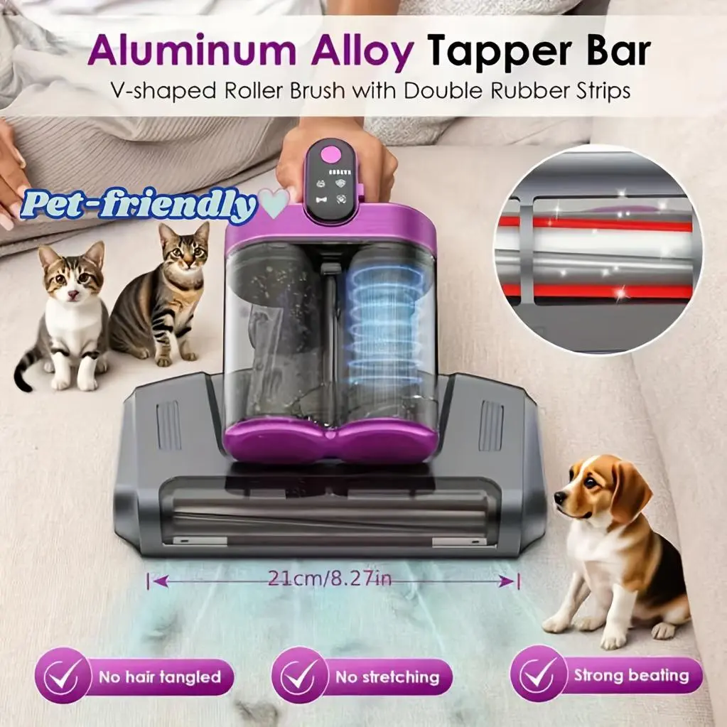 Mattress Vacuum Cleaner -  Ultrasonic Tech & Hepa Filter, Portable Handheld Couch Cleaners for Pet Carpet Sofa Hair Home, Purple-Cordless