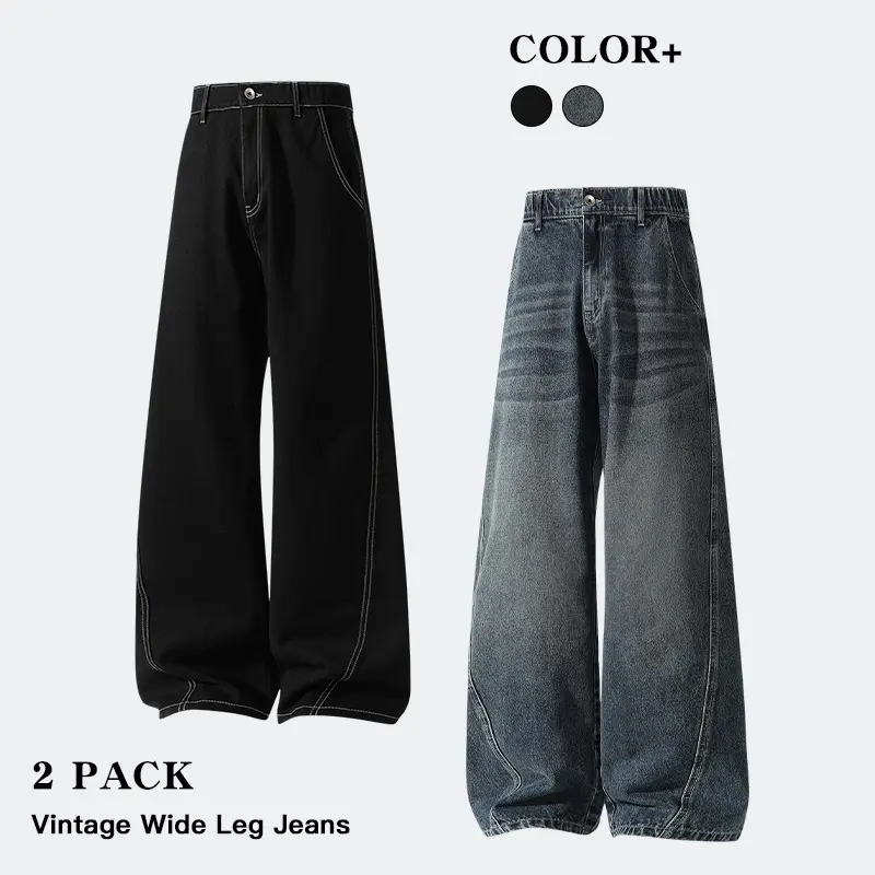 Unisex 2‑Counts Wide Leg Jeans Set Baggy Contrast Stitch Denim Pants For Home Campus Street Daily Look
