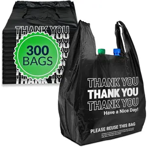 Thank You Plastic Bags | 300 Pack | (11.5" x 6.5" x 21"), Black | Plastic Bags with Handles | Ideal for Grocery, Shopping,  Take Out, Restaurants, Small Business