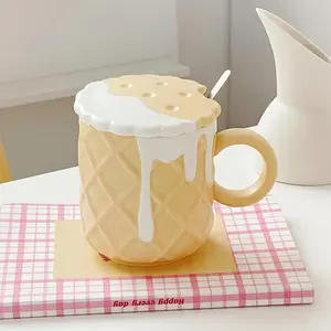 Cookies Cream Coffee Cup Set, Cup With Lid And Spoon, Cute Cookie Pattern Suitable For Afternoon Tea Party Coffee Milk Christmas Decoration Easter Teacher'S Day Valentine'S Day Birthday Halloween Perfect For Thanksgiving Drinkware Tumblers new Mug Yellow
