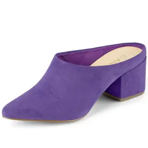 BLISSFUL STEP Pointed Toe Slip On Block Heel Slide Mules Purple