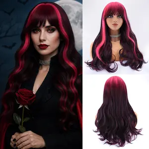 ZIHAN 22 Inch Gradient Pink & Black Cosplay Wigs Heat Resistant Synthetic Body Wavy Wig with Bangs for Halloween Use Glueless Rose Net Cap Lightweight & Cute ACG Cosplay Wigs