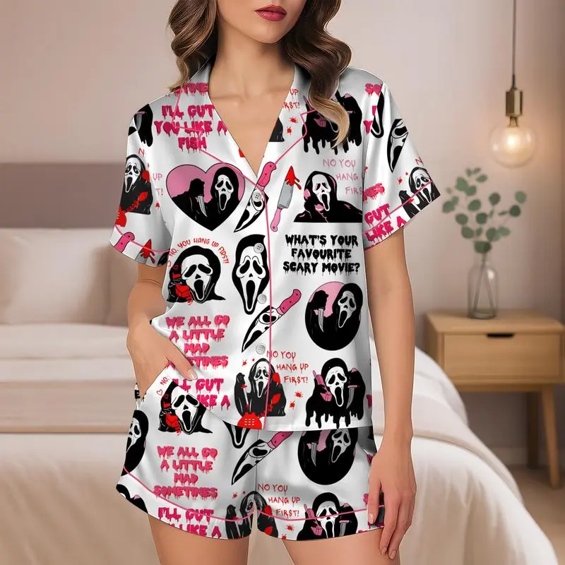 Halloween Spooky Ghost Mask Satin Pajama Set, Cute Horror Movie Inspired Sleepwear, Button Up PJ Set, Cozy Haunted Nightwear, Spooky Season Pajamas, Halloween Party Gift for Women Men