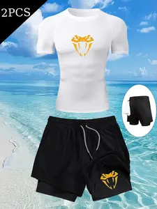 Men's Summer Sports Set, Tight Fit Short Sleeve + Multi-Pocket Double Layer Shorts, Snake Print, Breathable Quick-Dry Gym Wear