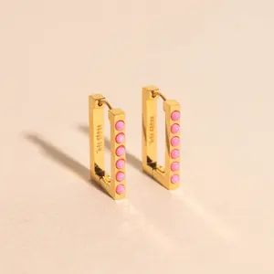 Rounded Stone Rectangle Huggie Hoop Earrings
