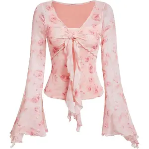 Women's Bell Long Sleeve Floral Print Mesh Tie Front Lettuce Trim Tee Shirt Top