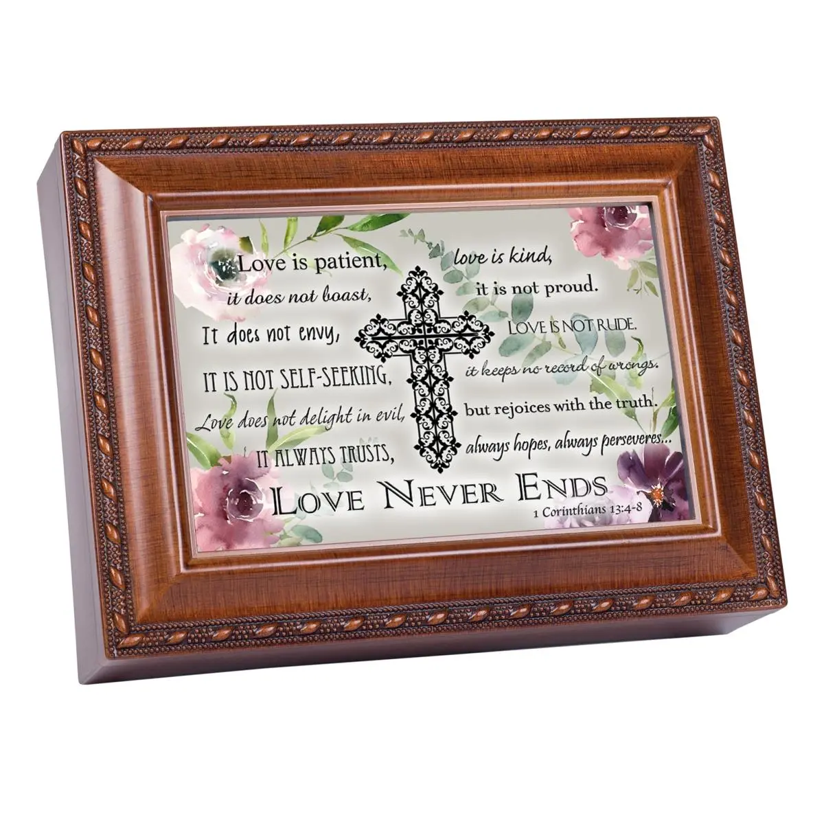 212 MAIN Christian Decorative Glass Music Box - 6x4 in, Manual Wind, Cottage Garden Design, Photo Frame, Silver Tone Wood Grain Compartment with Lid, Plays 'Amazing Grace', "Love Is Patient Love Never Ends" Theme, Thoughtful Gift-Ready Home Decor Accent