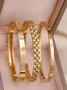 3 pieces of 18K gold-plated stainless steel stackable bracelets with chain and clover design, suitable for women, casual, party, holiday, birthday, wedding, Valentine's Day gift, Mom, Mother's Day, holiday gift (no gift box)