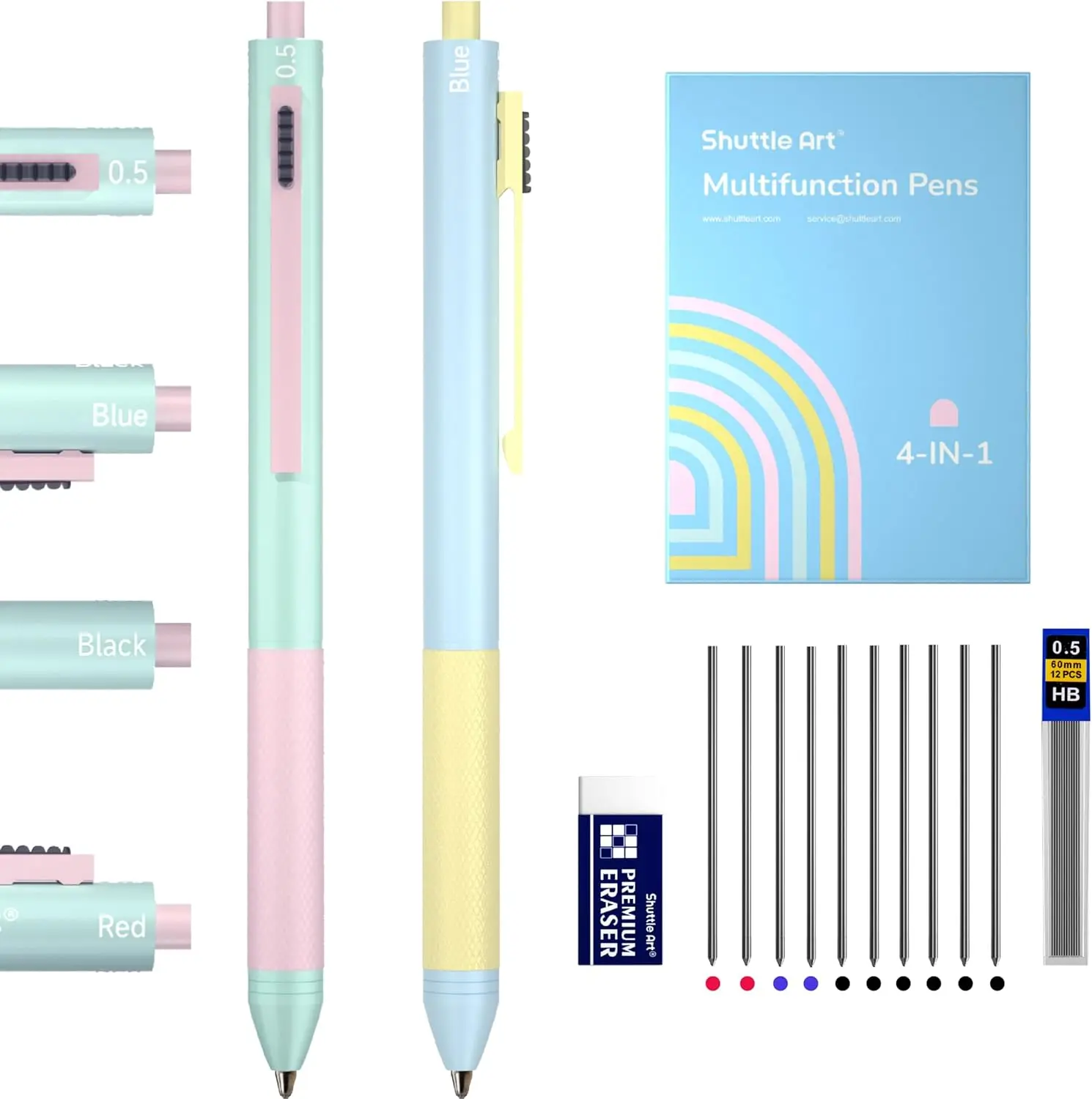 Shuttle Art 4 in 1 Gravity-Activated Multicolor Pen, 2 Pack Retractable Ballpoint Pens with 1.0mm Black Blue Red Ink and 0.5mm Mechanical Pencil, Multifunction Pens Fresh Style Gift Set for Writing School Office Home
