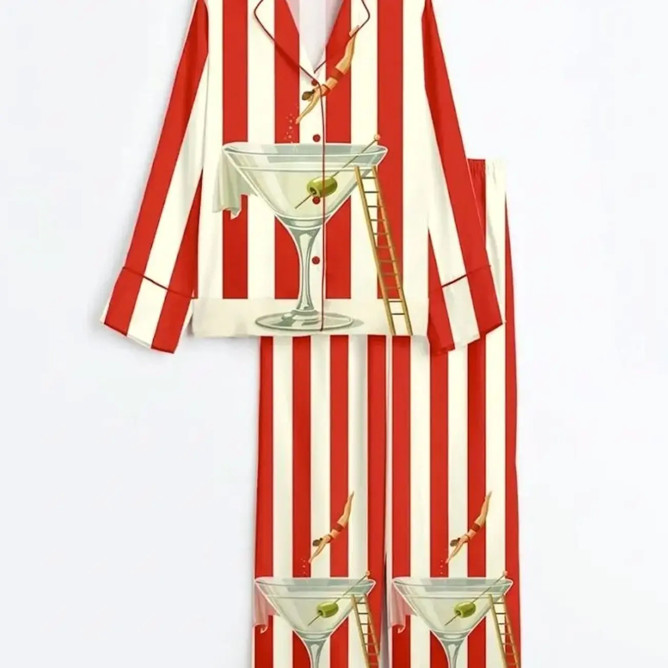 Martini Cocktail Pajama Set, Retro Mid Century Drink Print Silky Sleepwear 3SR