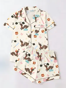 Cute Dachshund Print Pajama Set, Short Sleeve T-Shirt and Shorts Cardigan for All Seasons, Adorable Homewear Everyone Loves