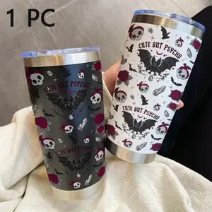 20oz Travel Coffee Mug Tumbler with Lid, Floral Skull Bat Print, Coffee Thermal Cup, Insulated Stainless Steel Cup for Halloween & Christmas Gifts, Perfect for Parents & Friends, Drinkware