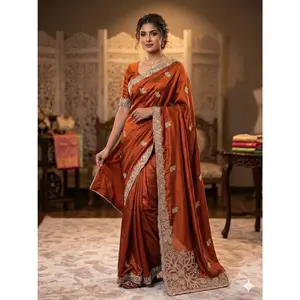 Premium Satin Silk Pre-Pleated Saree with Zarkan & Embroidery Work (Ready to Wea