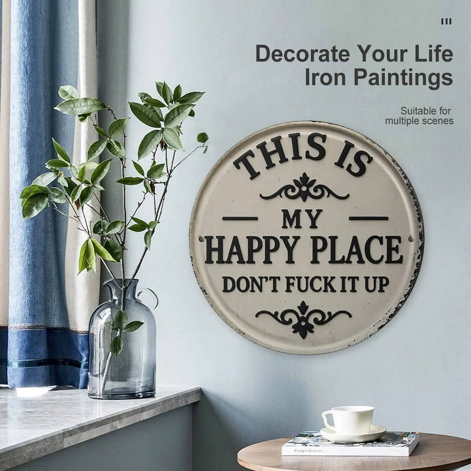8-Inch Round Aluminum Decorative Plaque - Rustic Metal Wall Sign, "This Is My Happy Place" Text, Farmhouse Ornament, Home Supplies for Adult Room, Kitchen, Outdoor Decor, Signs