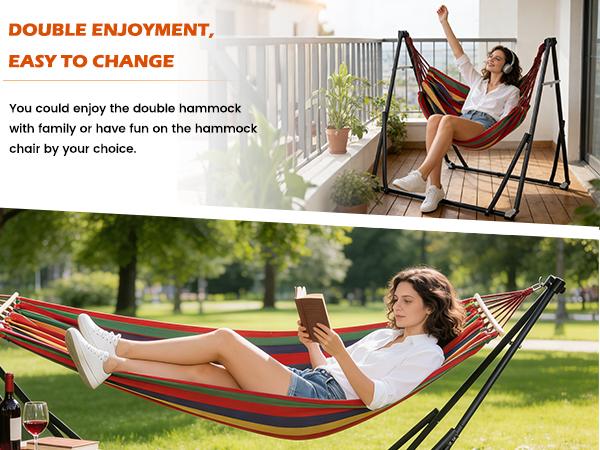Soges 2-in-1 Convertible Hammock Chair Set, 440LBS Heavy Duty Steel Stand, Foldable Portable Outdoor Two People Hanging Swing Bed, Includes 3 Carry Bags (2 Cloth + 1 Oxford Stand Bag),  for Outdoor Yard Camping, Colorful Striped