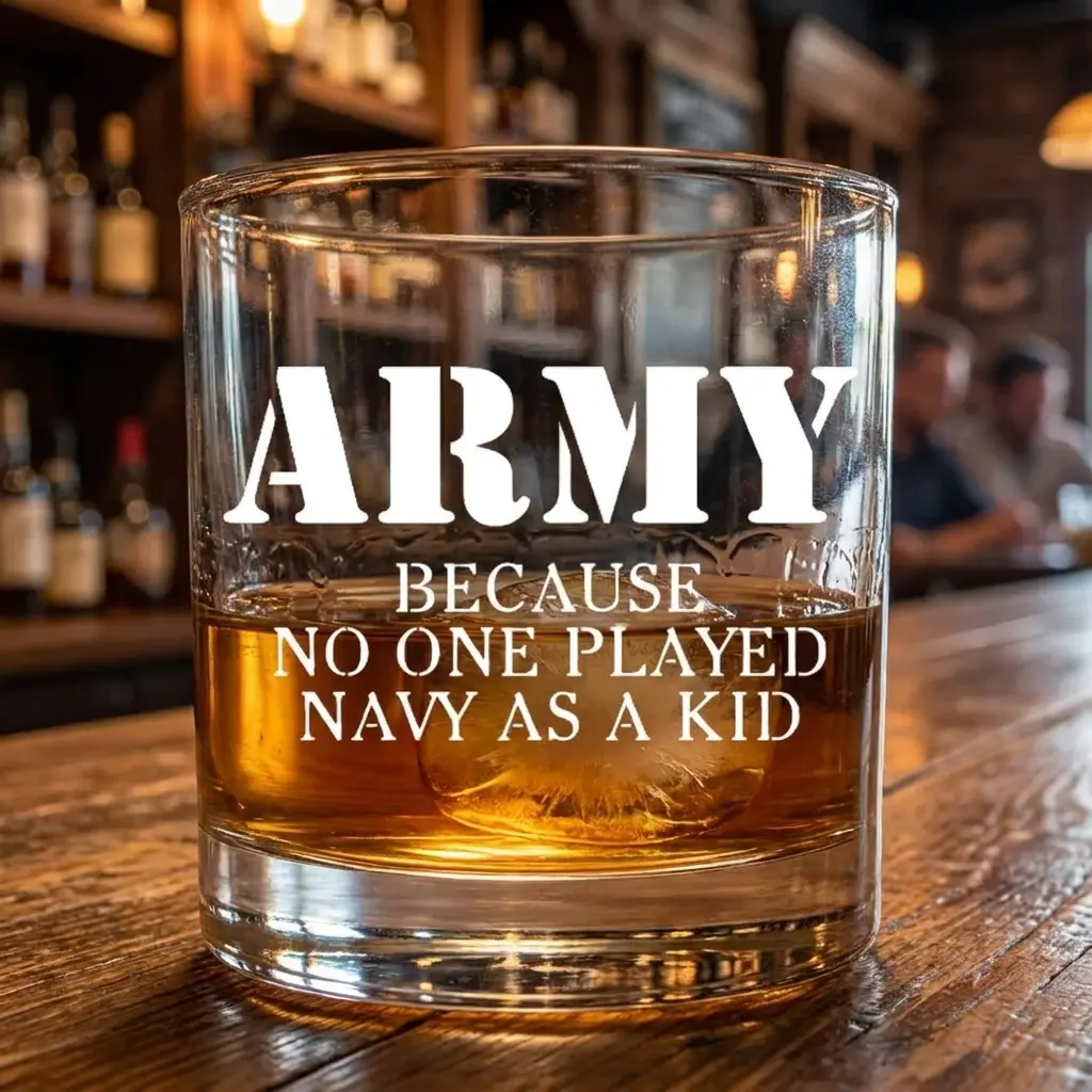 ARMY BECAUSE NO ONE PLAYED NAVY AS A KID - Funny Gifts For Him, Husband, Grandpa, Dad - Personalized Whiskey Glass, Custom Engraved Bourbon Glass, Old Fashioned Rocks Glass, Unique Gift for Dad, Husband, Boyfriend, Groomsmen, Birthday, Father's Day