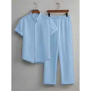 Men's Casual Solid Color Texture Short Sleeve Shirt and Waistband Loose Straight Leg Pants Set, Two-Piece Suit, Autumn Winter Men's Clothing, Fall outfit