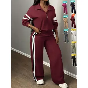 Women's Zipper Jacket & Striped Wide-Leg Pants Set, Streetwear & Casual, Two-Piece Suit for Daily Wear,Women's Zipper Jacket & Striped Wide-Leg Pants Set, Streetwear & Casual, Two-Piece Suit for Daily Wear,Airport Outfit