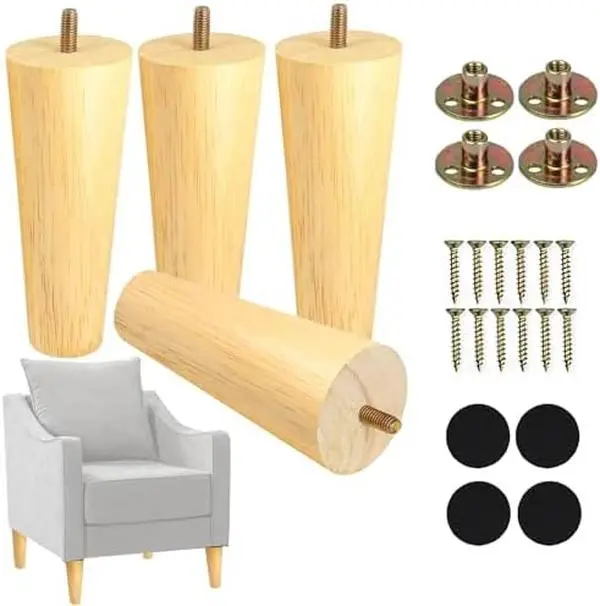 6-Inch Round Rubberwood Furniture Legs (Set of 4) with 5/16'' Threaded Hanger Bolts, Bolts + Pads, Natural Finish Replacement Legs with Scratch Guard for Sofa, Cabinet, Threaded Bolt