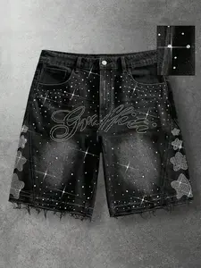 Men's Casual Jean Shorts with Pockets and Rhinestones, Fashion Summer Wear, Comfortable Loose Fit, Perfect for Daily Use, Trendy Blue, Bottom