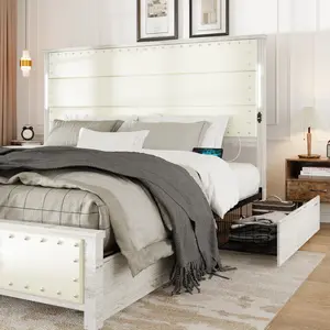 King Size Metal and Wood Iron Bed Frame with 4 Built-in Storage Drawers, USB Charging Port, LED Lights & No Noise Design for Versatile Comfort