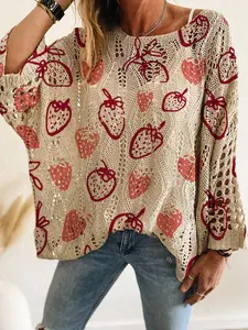 Women's Long Sleeve Knit Top, Knitwear, Colorblock Strawberry Print, Casual Elegance for Spring Summer, Vacation Style, Loose Fit Batwing Sleeves, Womenswear