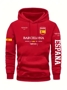 Men's Hooded Sweatshirt, Madrid Barcelona Print, Geometric Pattern, Casual Fitted Style, Fall & Winter, Streetwear, Comfortable and Stylish