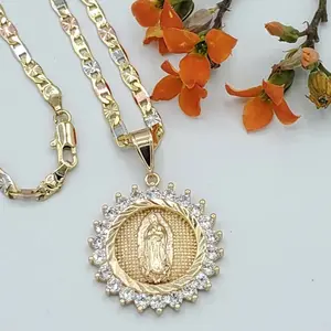 Gold Plated Our Lady Virgen Guadalupe Pendant & Chain Necklace. Oro Laminado
