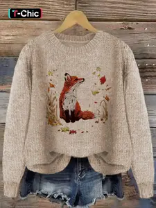 Women's Fox & Leaf Print Drop Shoulder Sweater Pullover, Casual Long Sleeve Round Neck Jumper for Fall & Winter, Fashion Ladies' Knitwear for Daily Wear, Tops, Womenswear