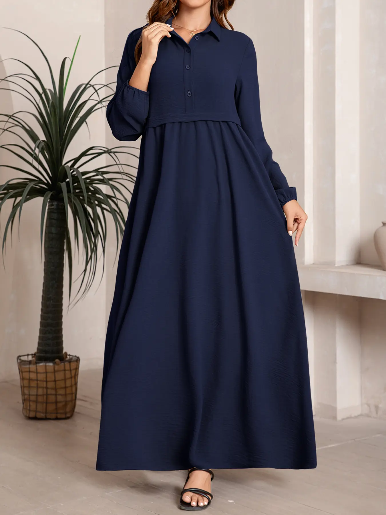 2026 Fall New Arrival Middle Eastern Robe, Conservative Daily Wear Dress, Collar Half Open Front Long Sleeve, Plain Elegant Soft Straight Loose Fit, Modest Style