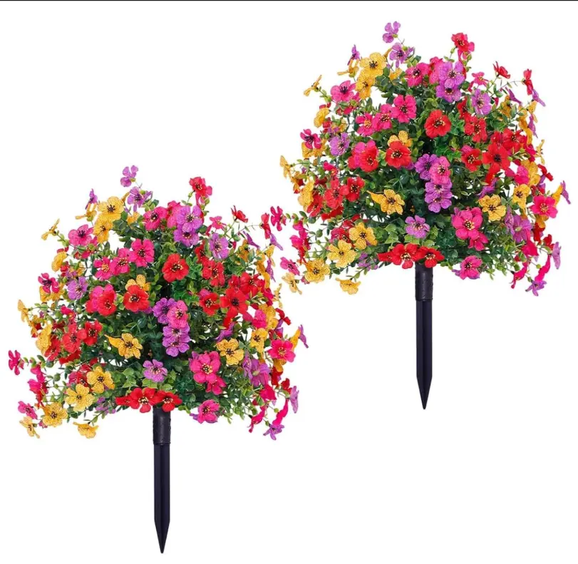 2-Pack UV-Resistant Artificial Petunia Flower Bushes with Ground Stakes, Multicolor Weatherproof Fake Flower Stakes for Garden, Patio, Front Porch Landscaping Decor