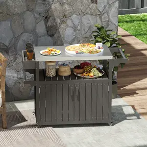 Outdoor Bar Cart with Storage and Stainless Steel Top, HDPE Weatherproof Kitchen Island on Wheels, Includes Paper Towel Holder, Side Rack, S Hooks, Cabinet and Shelf, for Grill Prep, Gray, 45.7"L x 18.9"W x 35"H, 66 lbs Each Shelf