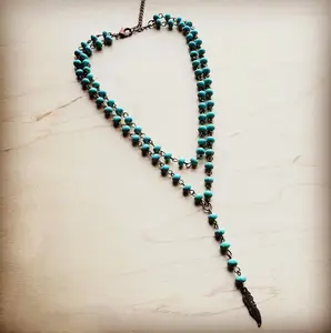 Double Strand Lariat Turquoise Necklace with Feather