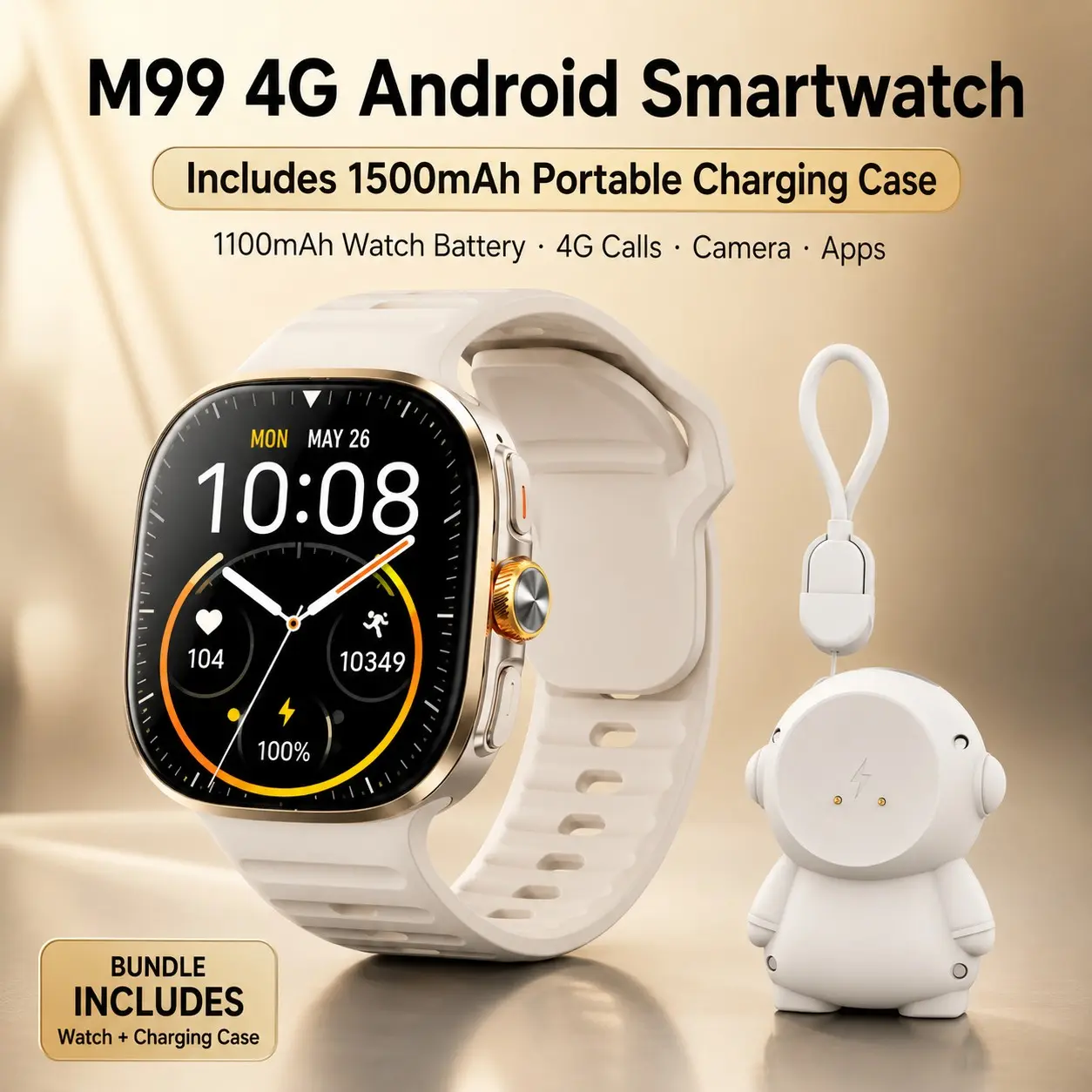 M99 4G Android Smartwatch with 1500mAh Portable Charging Case, 2.4" AMOLED Smart Watch with Camera, SIM Calls, Apps, GPS, WiFi, NFC, 1100mAh Battery for Men Women Multifunctional Watch
