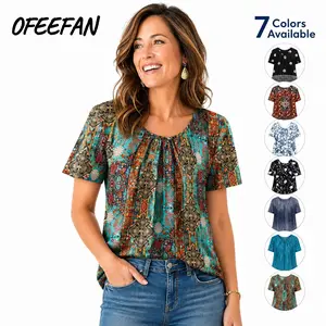 WIHOLL Women T Shirts Pleated Short Sleeve Tops Business Casual Dressy Blouses Crewneck Boho