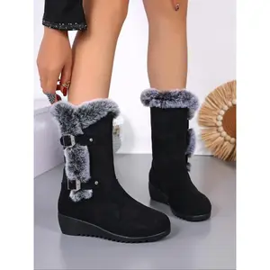 Women’s Studded Buckle Decorated Warm Snow Boots, Thick Sole Flat Faux Fur Lined Mid-Calf Boots, Perfect for Halloween, Christmas, New Year, Rubber Boots