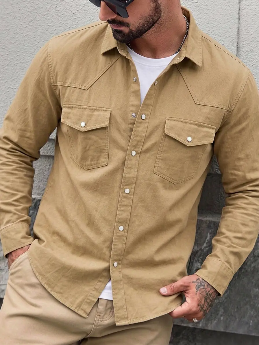 Men's 100% Cotton Collared Neck Plain Long Cuff Sleeve Workwear Shirt - Pearl Snaps, Dual Chest Pockets, Regular Fit, Year-Round All Seasons Street Casual Button Down (Beige)