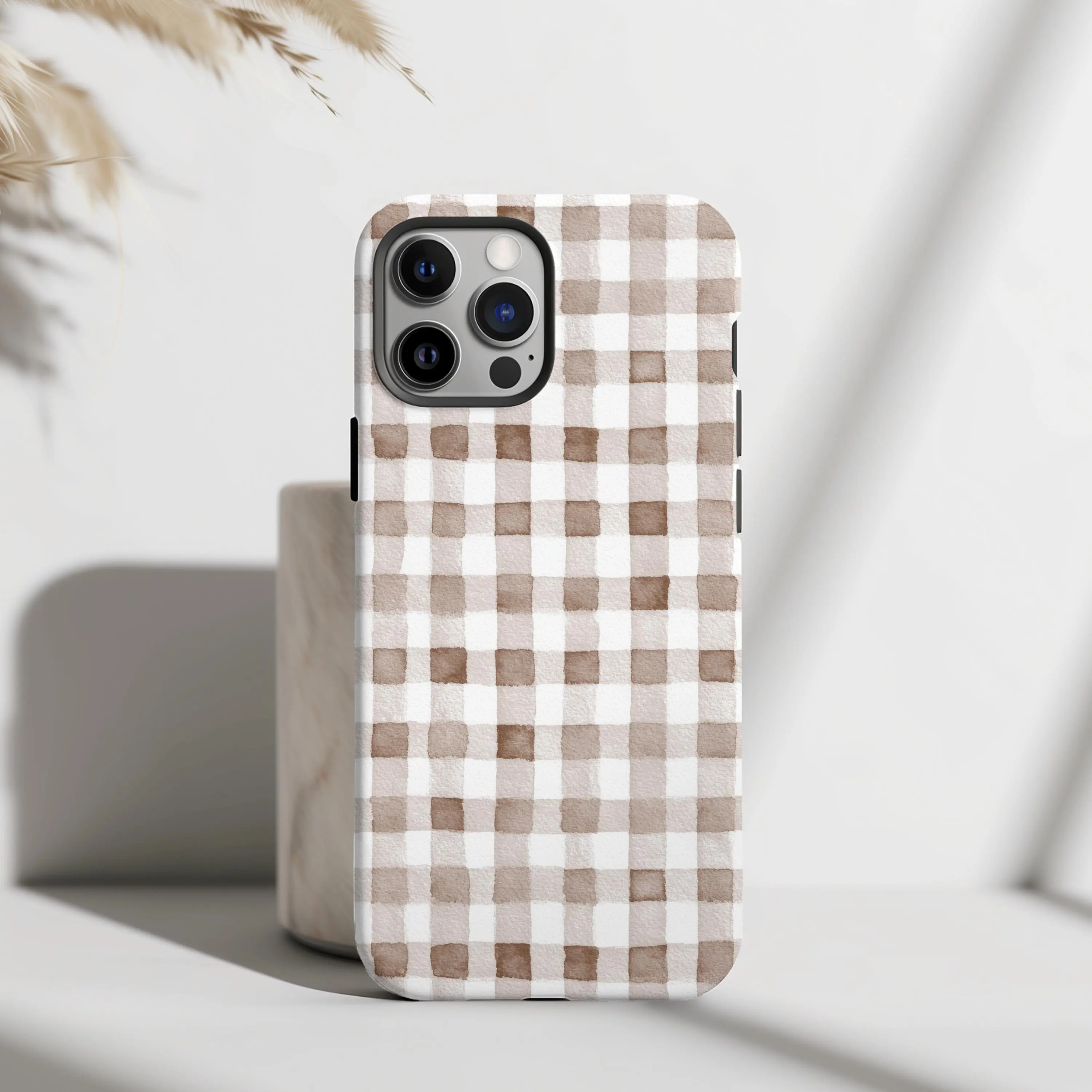Watercolor Brown Gingham Phone Case – Tough Magnetic Fall Aesthetic Plaid Cover for iPhone 17 16 15 14 13 12 Pro Max & Samsung S25 S24