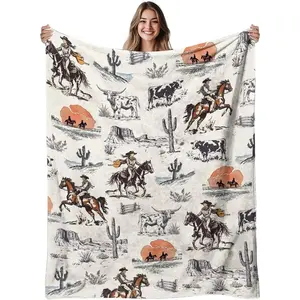 Vintage Western Cowboy Desert Cattle Pattern Print Flannel Blanket Cooling Blanket Homegoods Soft Cozy For Bedroom Living Room For Cowgirl Rodeo Lovers Western Decor