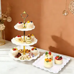 2-Piece European Luxury Multi-Layer Display Stand, Sweet Treats Tray, Fruit Holder, Cake Tray, 1 Three-Tier Cake Plate + 1 Tray