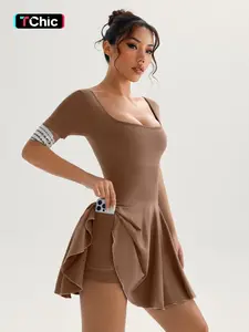 Women's Solid Square Neck Sports Dress Inner Pocket, Casual Sporty Short Sleeve Skorts Dress for Daily Outdoor Sport, Ladies Sportswear for All Seasons, Womenswear