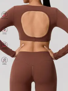 1 count Only Long-sleeved Tops Women's Backless Hollow Design Long Sleeve Athletic Top, Breathable Elastic Yoga Shirt with Removable Bra Padding, U Neckline and Crop Style for Fitness Gym Top, Gym Exercise Activewear, Yoga Activewear