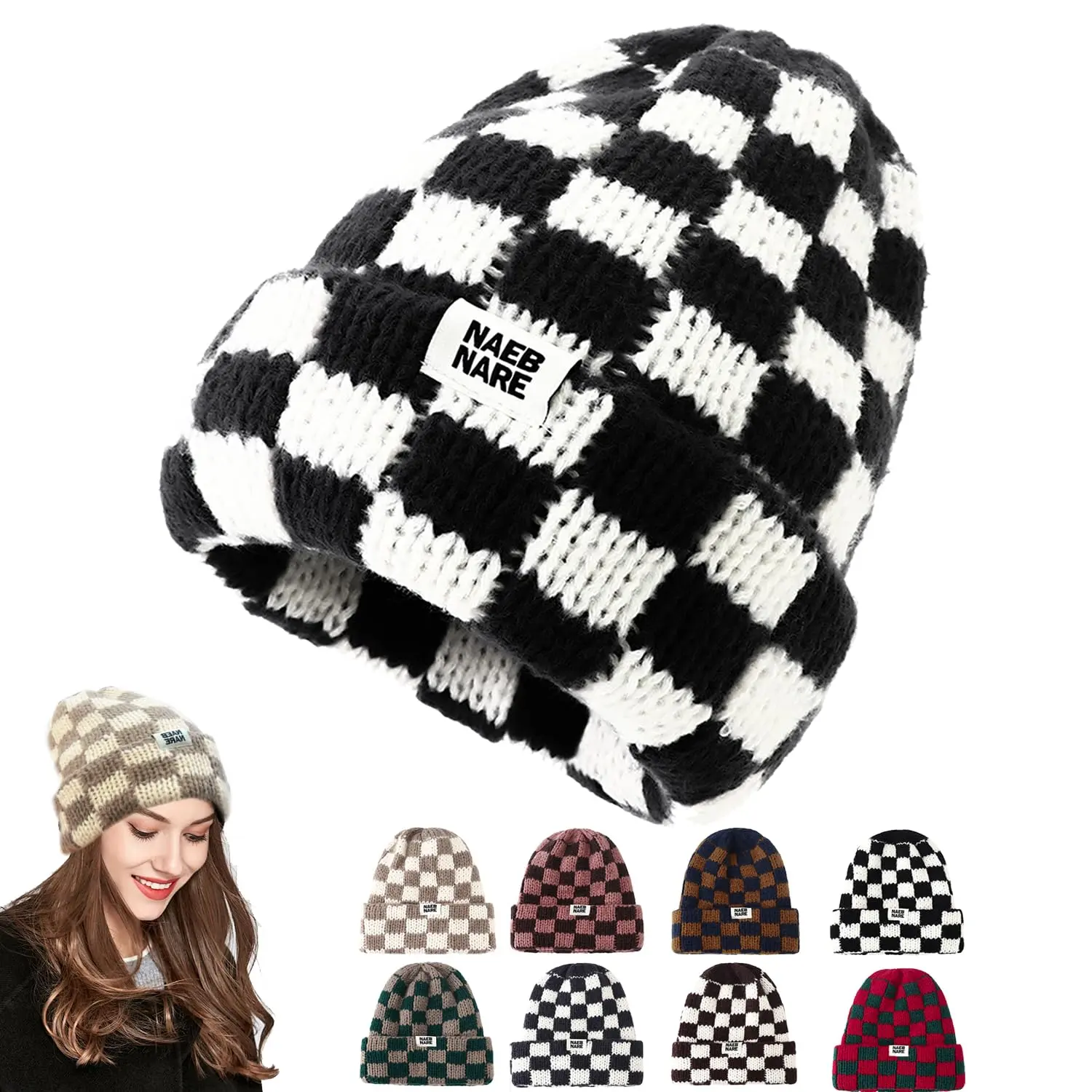 Beanies Winter Plaid Cuff Knit Hat Soft Stretch Thick Chunky Warm Knitted Skull Ski Cap Toboggan Hats for Cold Weather