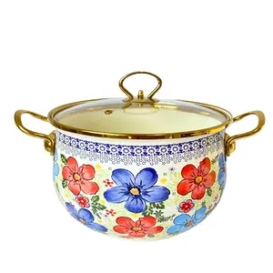 Flower Pattern Enamel Stockpot with Lid, 1 Count Soup Pot with Handle, Kitchen Cookware for Home Use, Kitchen Supplies
