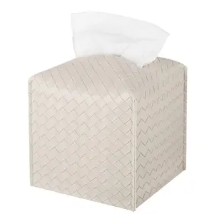 PU Leather Tissue Box Cover Griege Square Holder with Velcro Refill for Bathroom Vanity Car 5.12x5.12x5.12 Inches Easy Care Stylish Design