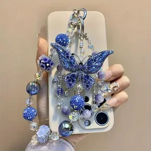 DIY Blue Butterfly Beautiful crystal glass decoration Phone Pendant Necklace - Sparkling Rhinestone Phone Accessory with Detachable Charm, Elegant Bead Chain for Women, Compatible with Smartphones (iPhone/) - Glamorous