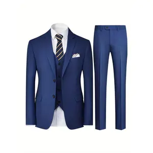 Men's Solid Color Two-Button Business Suit Three-Piece Set, Suit Jacket + Vest + Pants