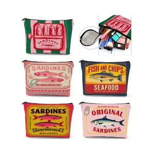 Vintage Sardine Pattern Makeup Bag, Foldable Spacious Zipper Pouch, Unisex Travel Toiletry Bag, Multifunctional Coin Purse, Makeup Storage Bag, Makeup Organizer Pouch, Gift for FriendsMother's Day gift