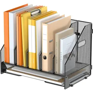 Desk File Folder Holder Organizer 5 Vertical Compartments with Paper Letter Tray, Mesh Magazine File Sorter, Desktop Workspace Organizer for Home Office School Black